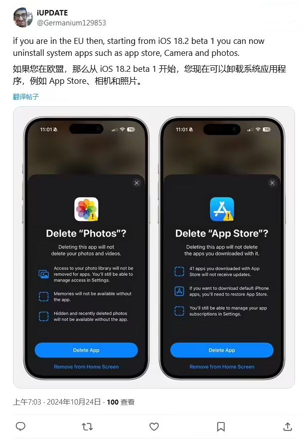 张港镇苹果手机维修分享iOS 18.2 支持删除 App Store 应用商店 