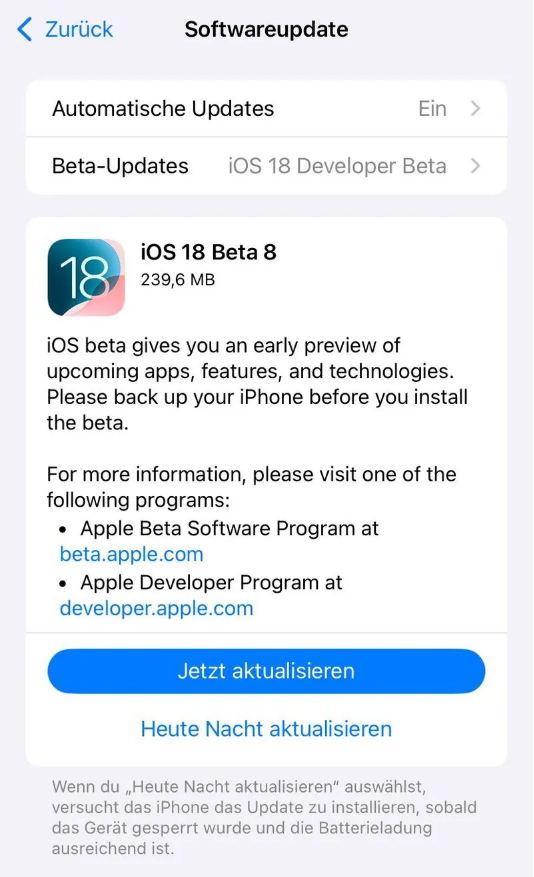 张港镇苹果手机维修分享苹果 iOS / iPadOS 18 开发者预览版 Beta 8 发布 